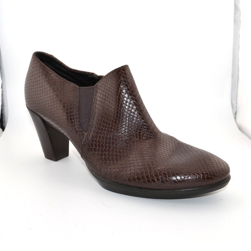 ECCO Snake Embossed Leather Booties Office Fall Brown Heeled Slip On EU‎ 40